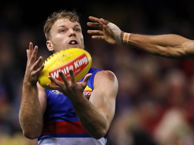 AFL Round 13. Western Bulldogs vs. Melbourne at Etihad Stadium. Western Bulldogs Jake Stringer marks   . Pic: Michael Klein
