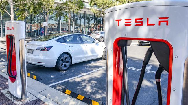 A Tesla Supercharger charging station in Franklin St, Adelaide. Picture: NCA NewsWire / Brenton Edwards