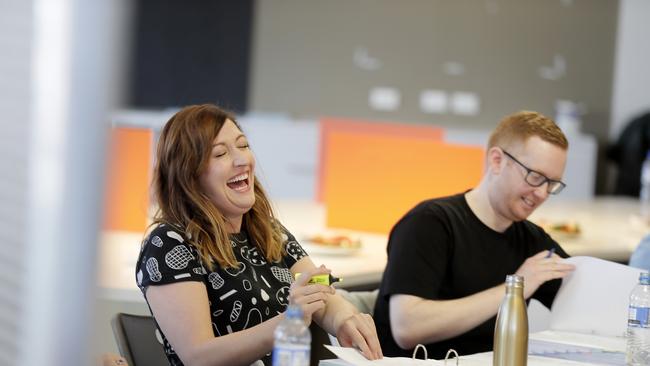 Comedians Celia Pacquola and Luke McGregor at the first table reading for <i>Rosehaven </i>Season 3. Picture: RICHARD JUPE