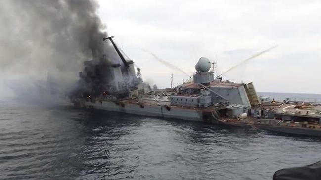 The first image of the Moskva, the flagship of the Russian Navy's Black Sea Fleet, after the vessel was hit by at least one Ukrainian anti-ship missile, as claimed by the Kyiv government.