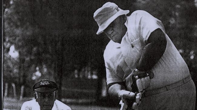 Minister for Everything Russ Hinze batting in the opening innings at Coomera Cricket Club, 1985. Vince O'Reilly as wicket keeper