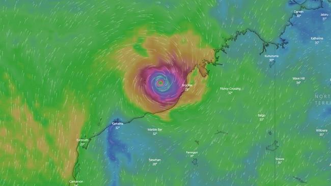 The BOM says severe impact is likely along the coast between Port Hedland and Broome, during Thursday or Friday. Picture: windy.com