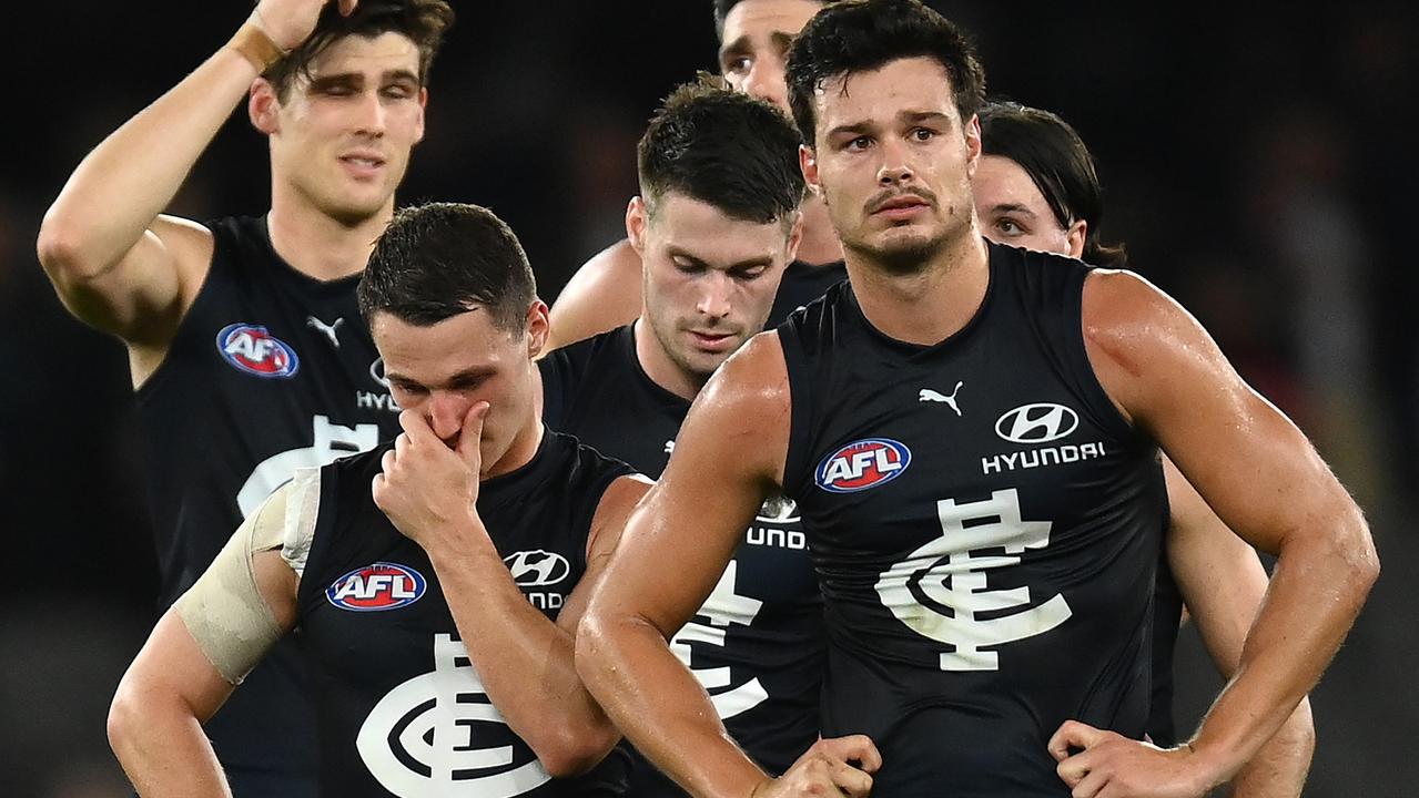 The Blues look dejected after the loss to St Kilda. Picture: Quinn Rooney