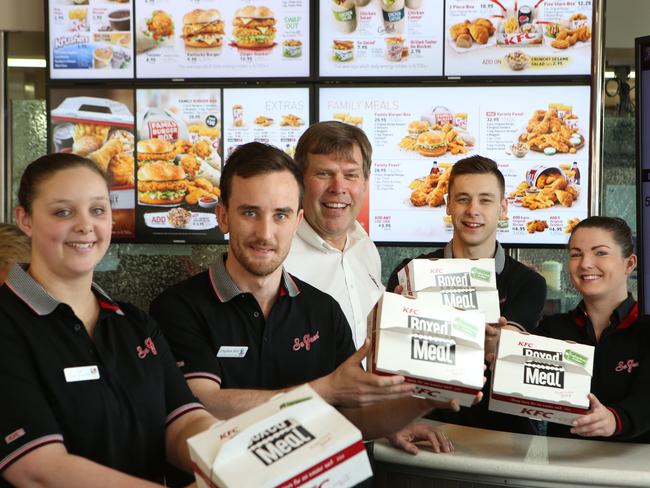 KFC Australia managing director Tony Lowings with young staff including (left to right) Tegan Pink, Stephen Kehl, Tony Lowings, Aaron Hedi and Narelle Leith. Picture: Bob Barker