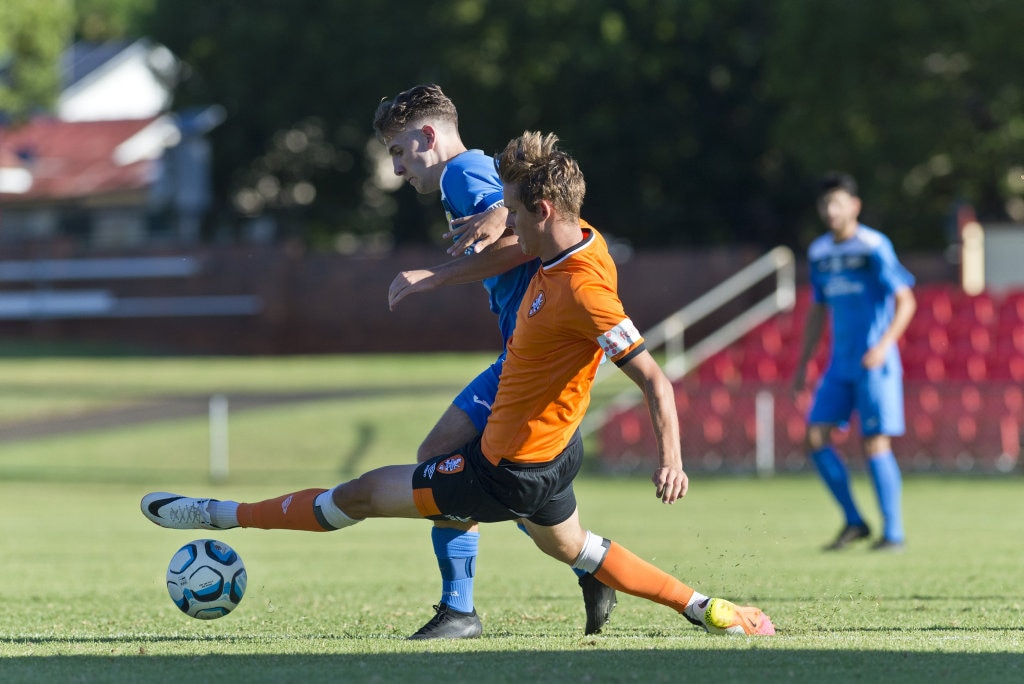 Jackson Franke for South West Queensland Thunder against Brisbane Roar in NPL Queensland men round two football at Clive Berghofer Stadium, Saturday, February 9, 2019. Picture: Kevin Farmer