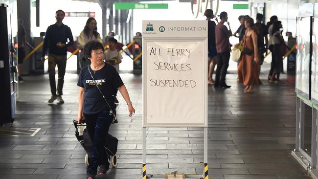 A notice about ferry services at Circular Quay after services were cancelled. Picture: Joel/AAP