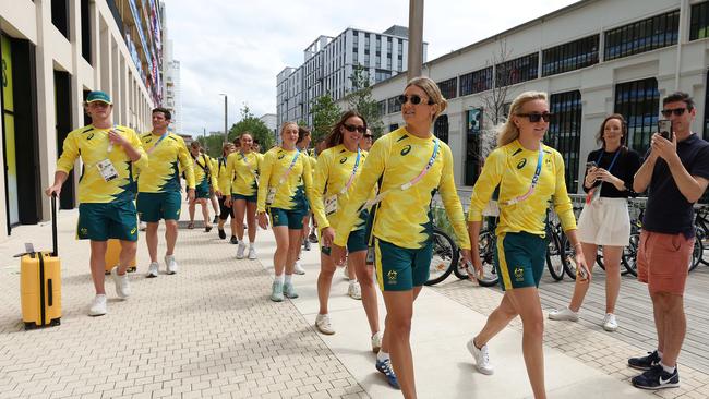 Ariarne Titmus and the Australian swim team were escorted around the village after arriving in Paris. Picture: Adam Head