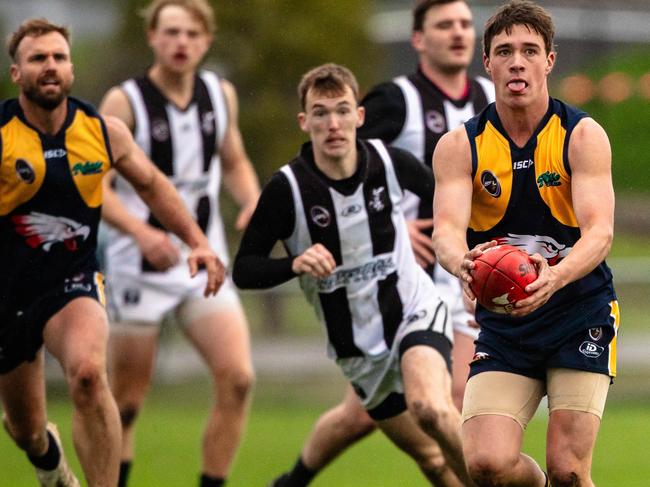 SORRELL Saturday 15th June 2024. Southern Football League Sorrel vs Claremont at Pembroke Park. Lucas Butterworth of Sorrell looks to score.Picture: Linda Higginson