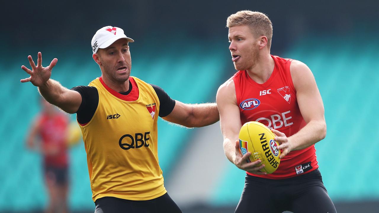 Jarrad McVeigh and Dan Hannebery of the Sydney Swans. Picture: Phil Hillyard