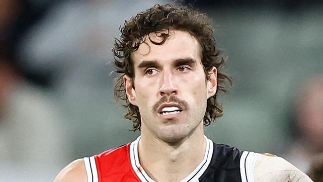 MELBOURNE, AUSTRALIA - MARCH 21: Max King of the Saints celebrates a goal during the 2024 AFL Round 02 match between the St Kilda Saints and the Collingwood Magpies at the Melbourne Cricket Ground on March 21, 2024 in Melbourne, Australia. (Photo by Michael Willson/AFL Photos via Getty Images)