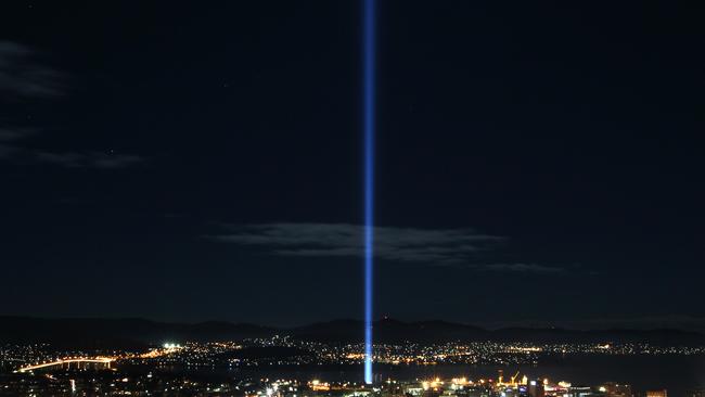 Dark MOFO event. The last night of Ryoji Ikeda's light installation being beamed from the Domain in Hobart. Viewed from West Hobart. Picture: Nikki Davis-Jones
