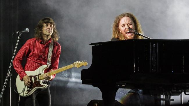 Guitarist Jak Housden (The Whitlams) and Tim Minchin perform on the new outdoor stage at the Home of the Arts (HOTA). Picture: Lexi Spooner.