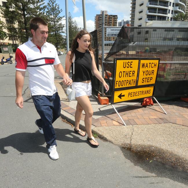 Work development work taking over the Footpath beside the old Iluka Building in Trickett street Surfers Paradise. Picture Mike Batterham