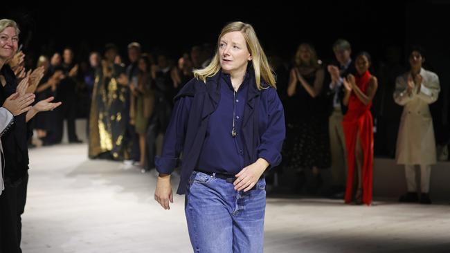 Designer Sarah Burton bows during her final show as Creative Director at the Alexander McQueen SS24 show during Paris Fashion Week. Picture: Getty Images