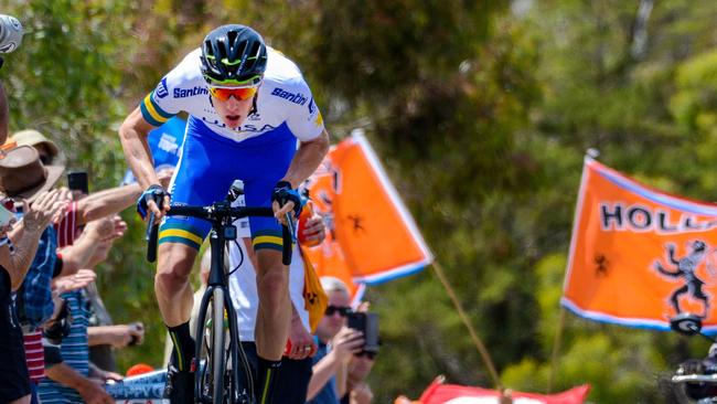 Jarrad Drizners from team UniSA Australia claims the King of the Mountain during stage one of the Tour Down Under UCI World Tour cycling event through the Barossa Valley in Adelaide on January 21, 2020. Picture: Brenton Edwards/AFP.