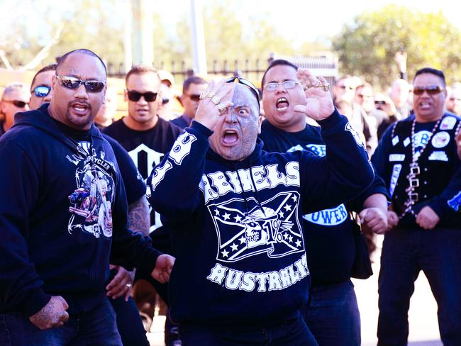 Rebel’s bikies do the Haka as the procession leaves the church. Picture: Adam Taylor