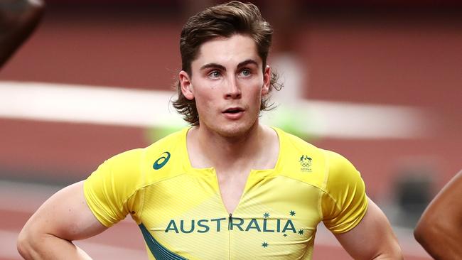 TOKYO, JAPAN - AUGUST 01: Rohan Browning of Team Australia and Shaun Maswanganyi of Team South Africa react after competing in the Men's 100m Semi-Final on day nine of the Tokyo 2020 Olympic Games at Olympic Stadium on August 01, 2021 in Tokyo, Japan. (Photo by Ryan Pierse/Getty Images)