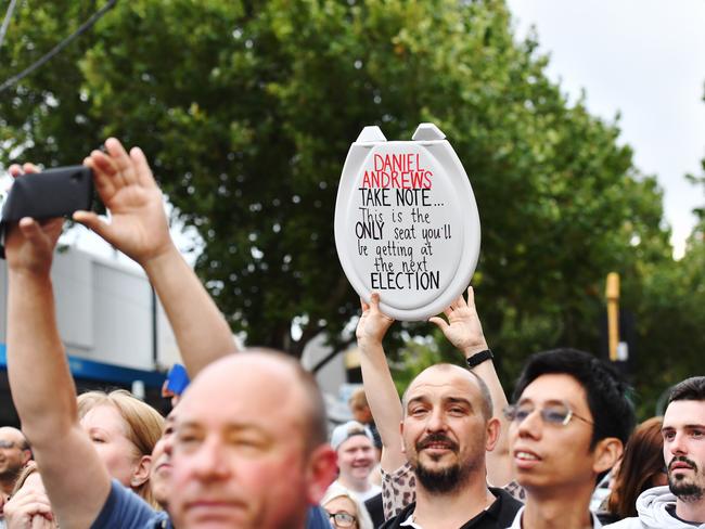 Locals gather to protest against the building of a youth justice centre in Werribee. Picture: Jake Nowakowski