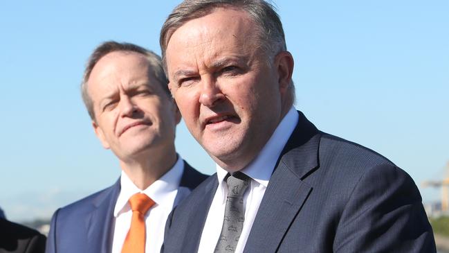 Opposition Leader Bill Shorten and Anthony Albanese holding a press conference at the Port of Botany in Sydney. Picture Kym Smith