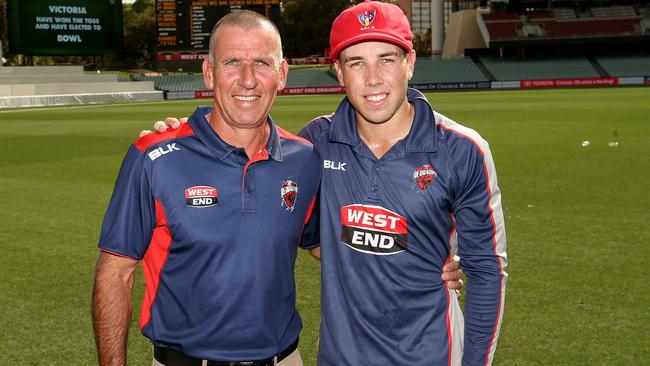 Tim Nielsen and son Harry before his South Australian Sheffield Shield debut in 2018. Picture: James Elsby/AAP Image