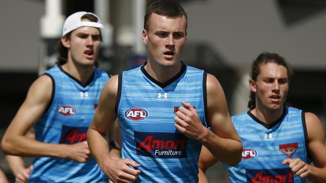 The conditions in Round 5 didn’t suit 200cm Bombers young gun Nik Cox. Picture: NCA NewsWire/Daniel Pockett