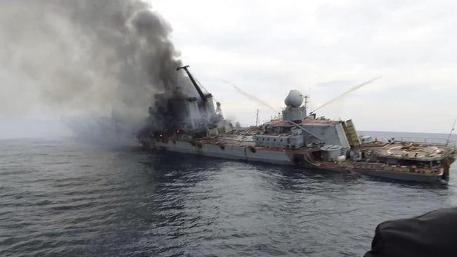 The Moskva, the flagship of the Russian Navy's Black Sea Fleet, after the vessel was hit by a Ukrainian anti-ship missile.