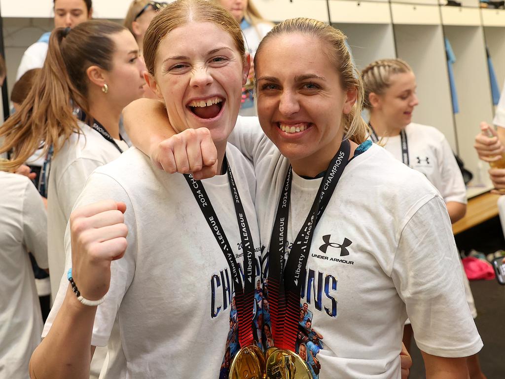 Cortnee Vine, left, was excited on May 4 with teammate Mackenzie Hawkesby after their team Sydney FC celebrate won the A-League Women Grand Final against Melbourne City – and she’s pumped for the AFC Asian Women’s Cup too. Picture: Kelly Defina/Getty Images