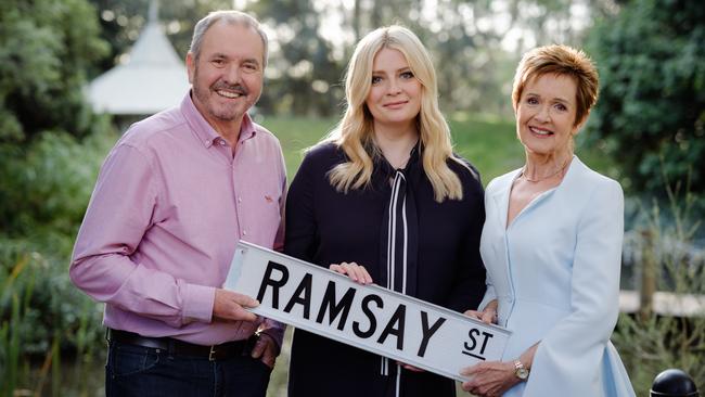 Alan Fletcher, Mischa Barton &amp; Jackie Woodburne on Neighbours Picture: Supplied/Channel 10)