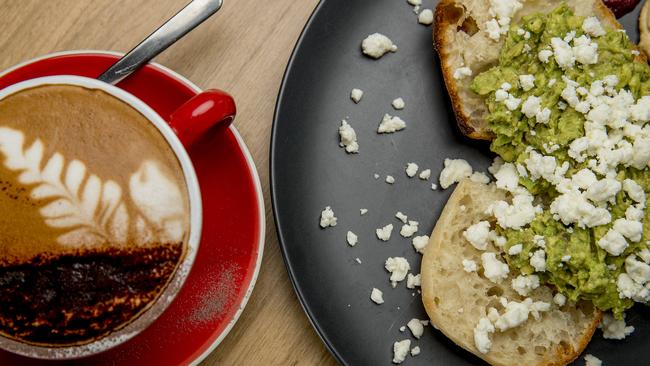 Pod6’s smashed avo dish and a Paradox Coffee Roasters’ blend coffee. Picture: Jerad Williams