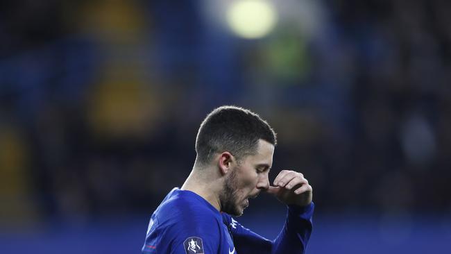 Chelsea star Eden Hazard trudges off the pitch after his team’s 2-0 FA Cup loss to Manchester United. Picture: AP