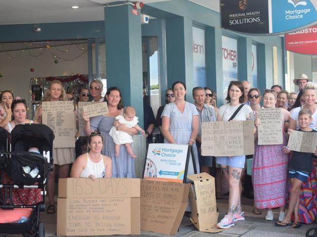 More than 50 residents protested outside Gladstone MP, Glenn Butcher's office on Monday morning.  Picture: Nilsson Jones