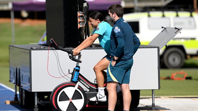 Sam Kerr on an exercise bike during a Matildas training session on Friday in Brisbane. Picture: Bradley Kanaris/Getty Images