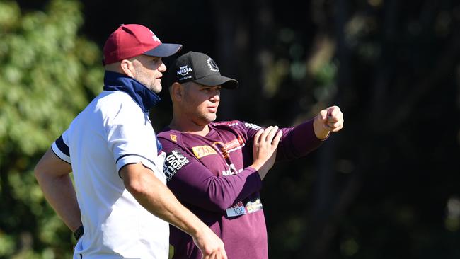 Former Broncos player and Queensland Reds defensive coach Peter Ryan (left) with Brisbane coach Anthony Seibold (right). Picture: AAP/Darren England