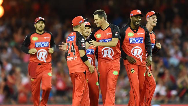 Melbourne Renegades versus Sydney Sixer's at Melbourne's Etihad Stadium in 2015. Celebrations of the team’s first wicket. Picture: Steve Tanner