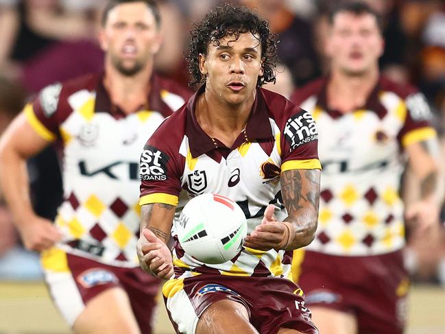 BRISBANE, AUSTRALIA - MARCH 29: Tristan Sailor of the Broncos passes during the round four NRL match between Brisbane Broncos and North Queensland Cowboys at Suncorp Stadium, on March 29, 2024, in Brisbane, Australia. (Photo by Chris Hyde/Getty Images)