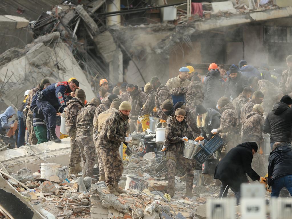 Search and rescue efforts continue on collapsed building after 7.4 magnitude earthquake hits Diyarbakir, Turkey. Picture: Aydin Arik/Anadolu Agency via Getty Images