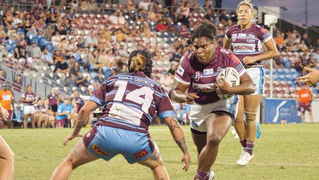 Essay Banu smashes through to put the Cutters just ahead of Capras in the BMD women's game. Picture: Marty Strecker