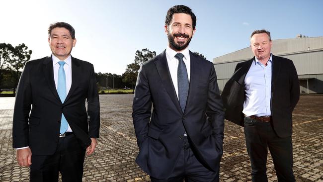 Ryan Stokes (centre) with state Liberal MP Geoff Lee (left) and Western Sydney Business Chamber executive director David Borger at Holroyd. Picture: Tim Hunter