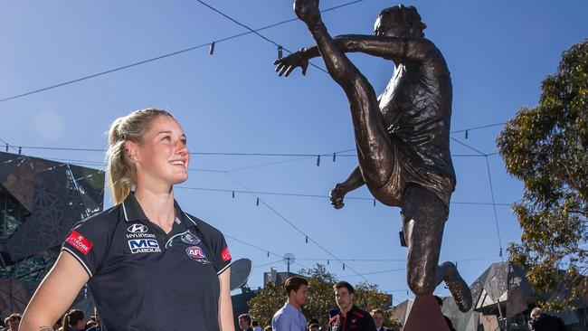 AFLW player Tayla Harris at her statue unveiling at Federation Square in September. Picture: Wayne Taylor/Getty Images