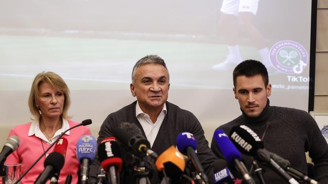 Srdjan, Dijana and Djordje Djokovic hold a press conference in Belgrade Picture: Getty Images