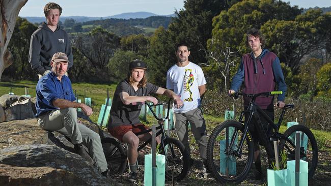 Peter O'Brien, Kieran O'Brien, Matt Dannenberg, Darryl Harvey and Josh Hughes are petitioning council to turn Yanteringa Reserve in Hahndorf into a mountain bike park. Picture: Tom Huntley