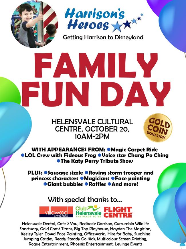 A ‘Family Fun Day’ is being held in Helensvale on Saturday to help Harrison.