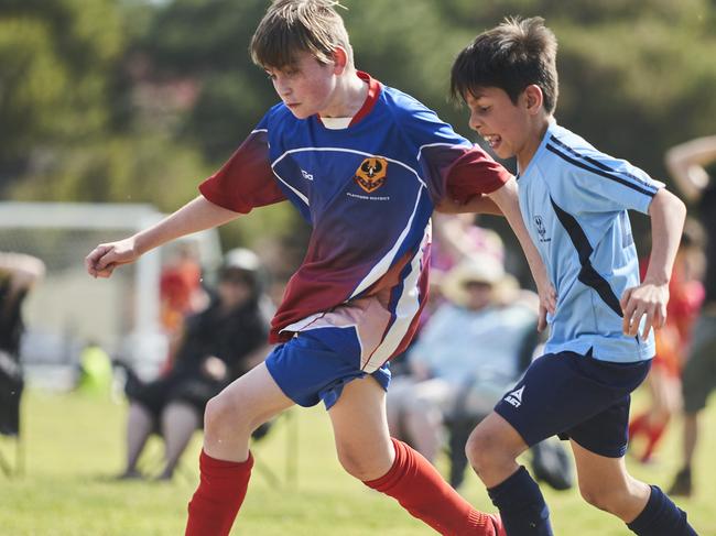 East Adelaide versus Playford in the Year 6 Country/Metro Soccer SAPSASA at Barratt Reserve in West Beach, Thursday, Sept. 2, 2021. Picture: MATT LOXTON