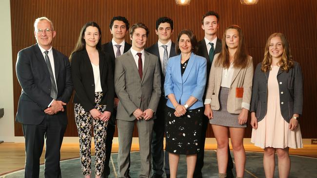 Vice Chancellor and Principle of Sydney University Dr Michael Spence with Gladys Berejiklian and the seven finalist of the Lendlease Bradfield Urbanisation Scholarship tonight.  Picture: Richard Dobson