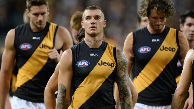 SPORT - AFL, West Coast Eagles vs Richmond Tigers, Subiaco Oval, Perth. Photo by Daniel Wilkins. PICTURED- Richmond's Dustin Martin can't hide his frustration after the loss, as he leaves the ground