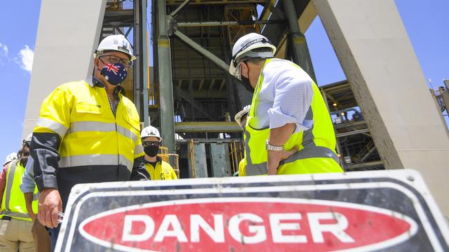 Prime Minister Scott Morrison during a visit to South32 Cannington Mine in McKinlay. Picture: AAP Image/Lukas Coch