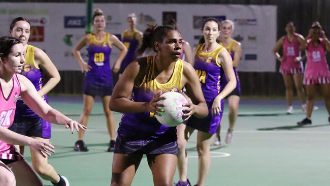 Former Sharks player Salmui Whap-Farrar in control for the Fierce in the Cairns Netball Association Senior Division 1 match between the Phoenix Fierce and the Brothers Leprechauns in Round 4. PICTURE: BRENDAN RADKE