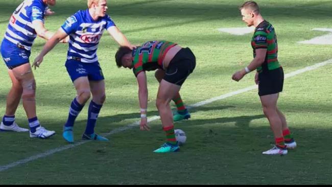 South Sydney's Angus Crichton with a dodgy play the ball against Canterbury.