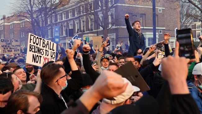 Football supporters demonstrate against the proposed European Super League outside of Stamford Bridge in London. Picture: AFP