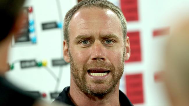 Essendon senior assistant coach Ben Rutten addresses the troops, so why doesn’t he address the after-match media conferences?